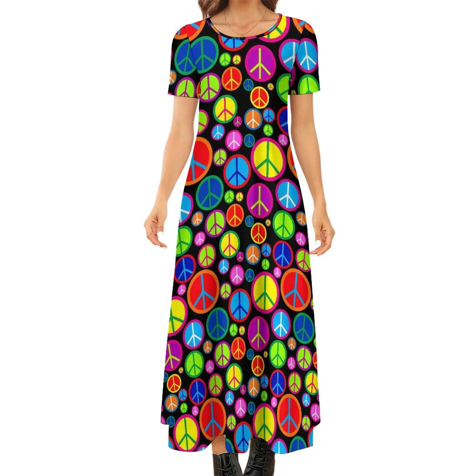 

Платье-макси с символом мира, винтажное платье с яркими цветными глазами, женское длинное пляжное платье в стиле бохо с коротким рукавом, 5XL, 6XL, 7XL
