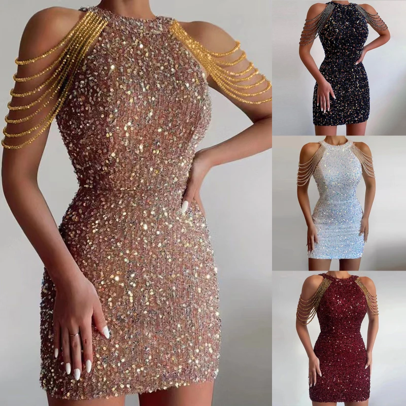 

Fashionable Neck Hanging Sexy Crystal Fringe Bag Hip Sequin European And American Dress New Mid-waist Evening Party Dress