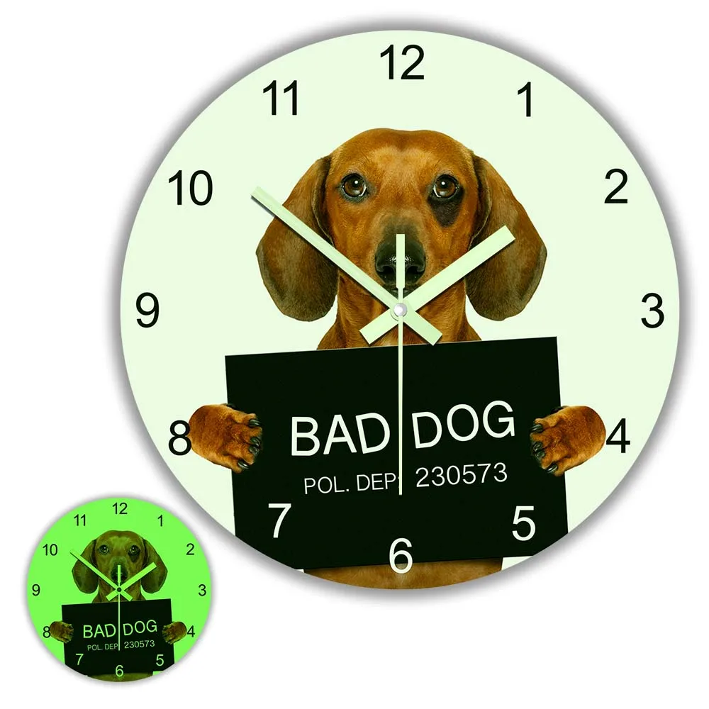 

Dachshund Mug Shot Glow In The Dark Wall Clock Home Decor Bag Dog Funny Design Criminal Puppy Jail Prison Luminous Wall Clock