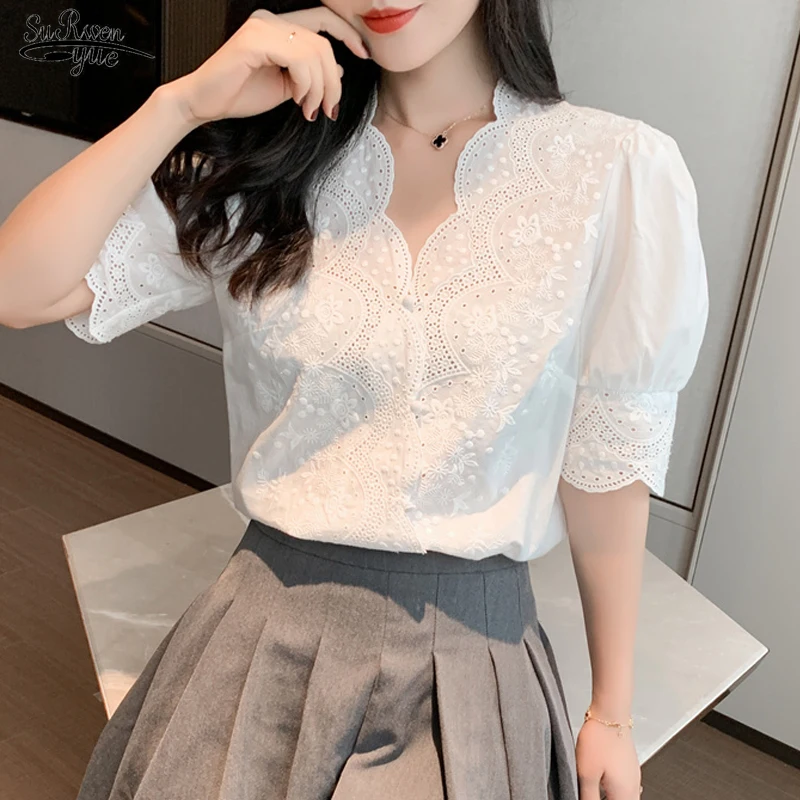 

GLAUKECasual белые топы с вышивкой кружевная Весенняя женская рубашка блузка для девочек женская льняная хлопковая блузка с коротким рукавом