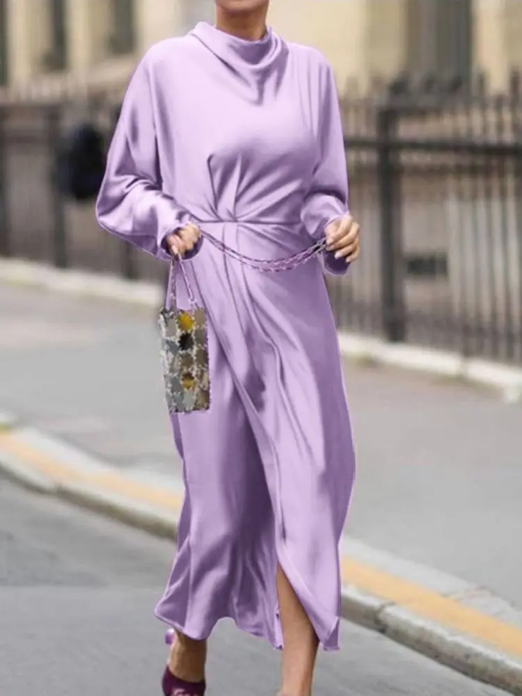 

Женское элегантное однотонное атласное платье ZANZEA вечерние нее Сексуальное Женское Платье Весна 2022 платье с длинным рукавом Повседневные ...