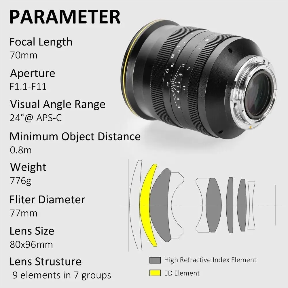 Для Kamlan 70 мм f1.1 APS-C Большая диафрагма объектив с ручной фокусировкой совместим Canon