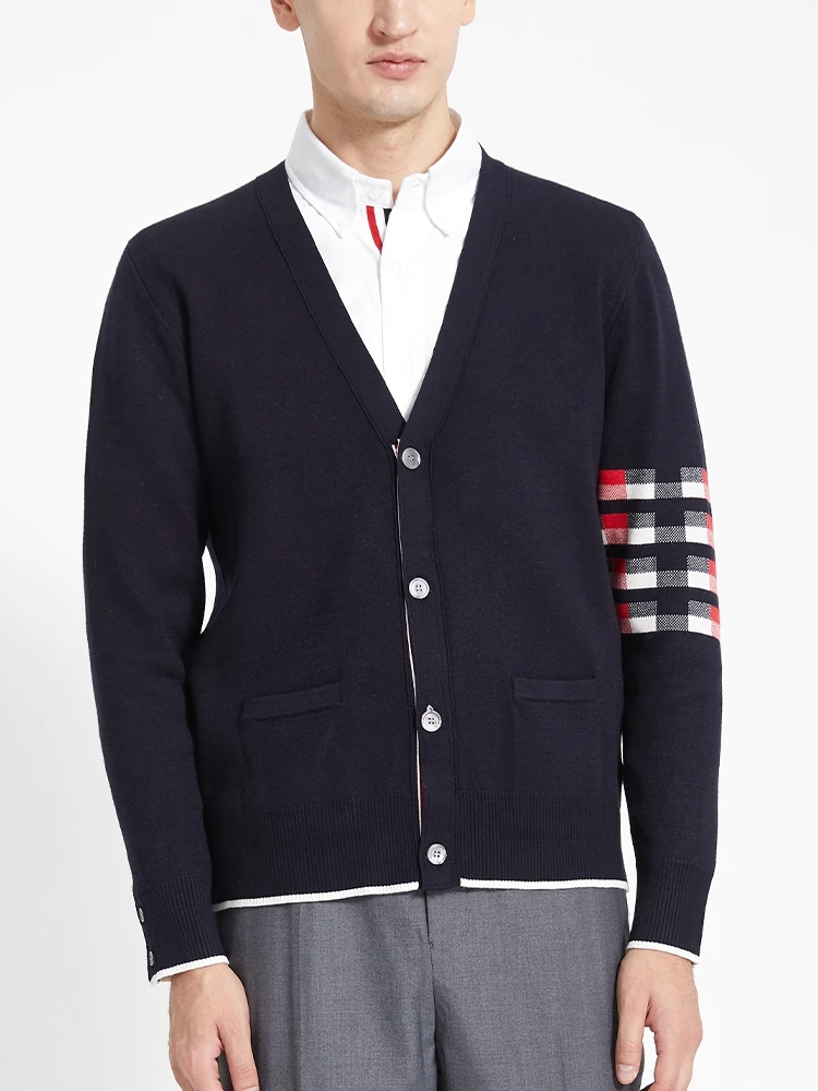 TB THOM Men's Cotton Wool Cardigan Sweater Autunm Winter Fashion Brand Coat 4-Bar Stripe Designer Lion Painted  Sweatercoat