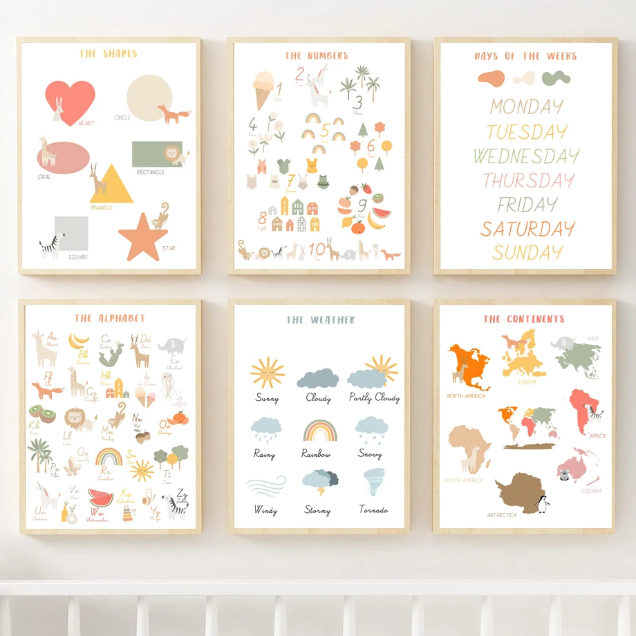 

Alphabet Numbers ABC Weather Map Time Education Nursery Wall Art Canvas Painting Nordic Posters Prints Pictures Kids Room Decor