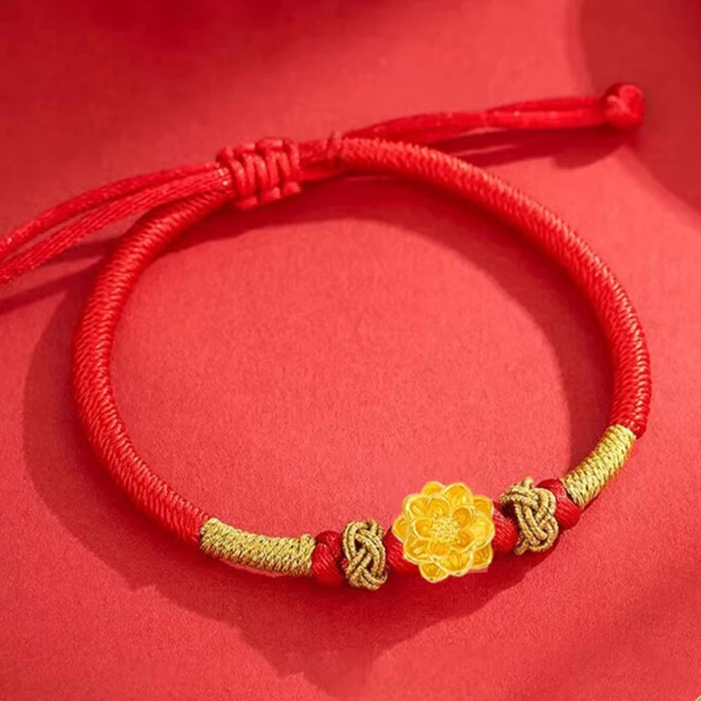 Женский браслет из желтого золота 999 пробы 24 карата с красной оплеткой 3D красивая