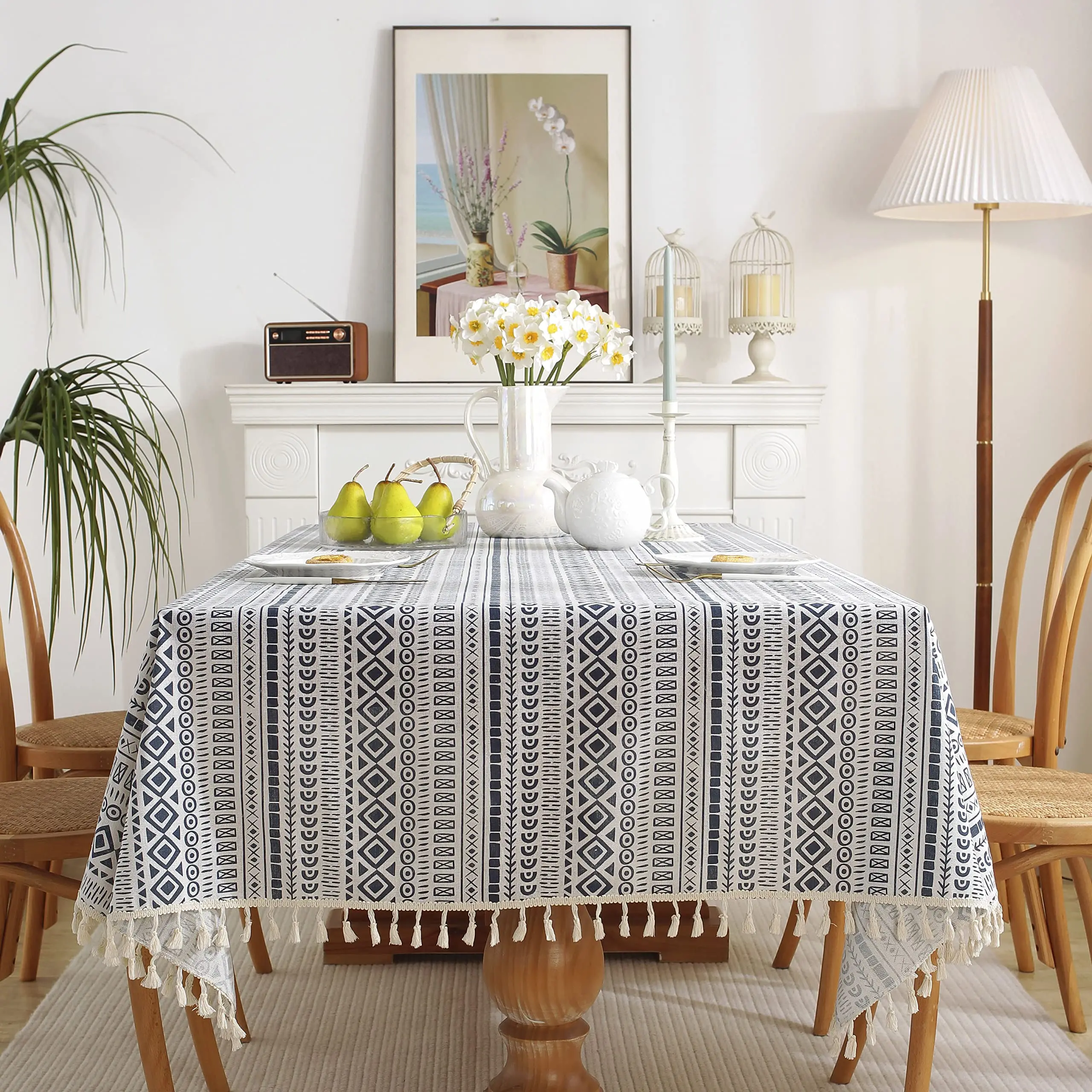 Скатерть из хлопка и льна с кисточками для прямоугольных столов, в полоску