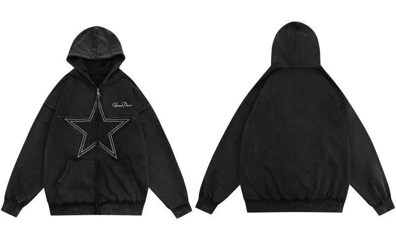 Y2K Vintage Jacket Hoodie Sweatshirt Hip Hop Embroidery Star Patch Double Zipper Hooded Harajuku Fashion Punk Gothic Cotton Coat