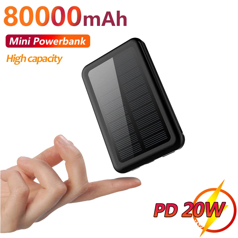 

Mini Portable 80000mAh Solar Mobile Power Bank Fast Charging External Battery Comes with 2 Charging Cables LED Lighting