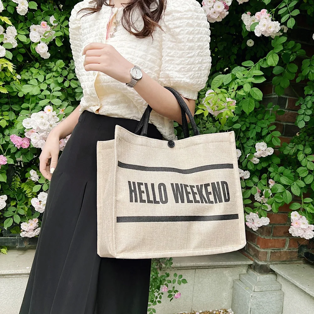 

Simple Letter Shopping Bag Cotton Linen Handbag Women Large Capacity Casual Shoulder Bag Fashion Lady Travel Tote Purse