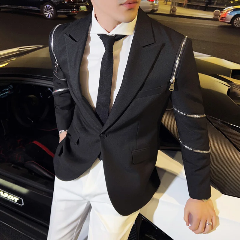 

4XL Men's Quality Casual Style Slim High Design Hip Tuxedo Spring Hop Zipper Jacket Men Man Suit Fit Fashion Blazers Business