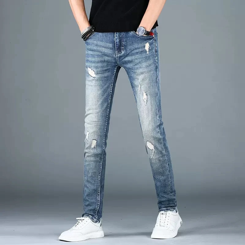Men Blue Ripped Stretch Jeans Autumn Slim Fit Straight Pants Streetwear Casual Denim Trousers CP2037
