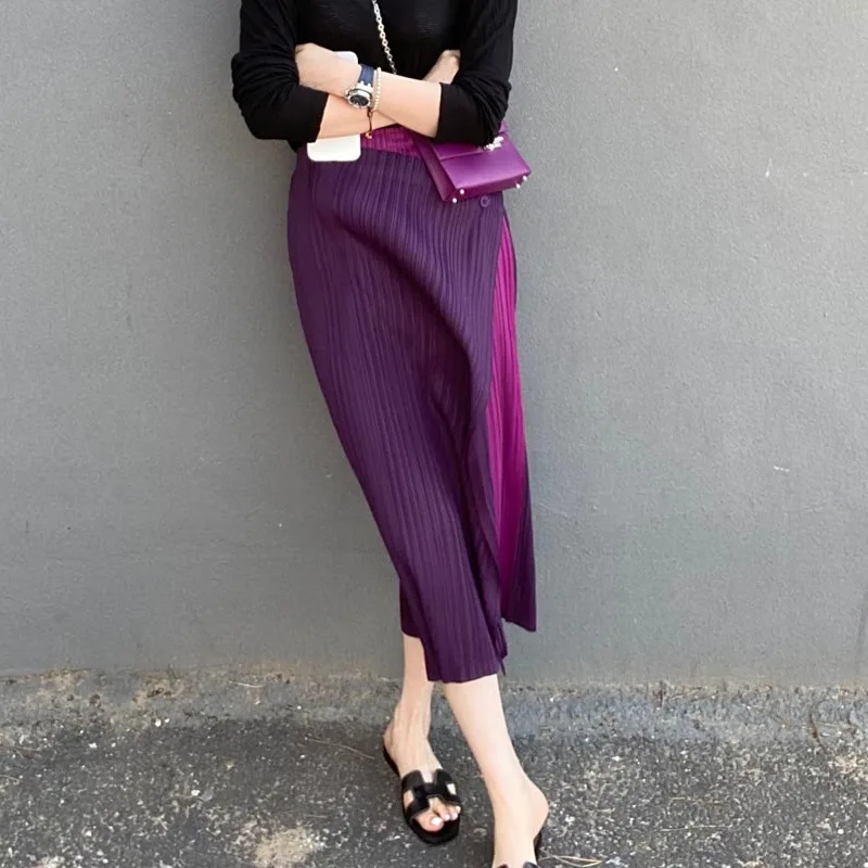 Purple skirt summer mid-length two-color stitching slit pleated skirt Korean version casual fashion bag hip A-line skirt