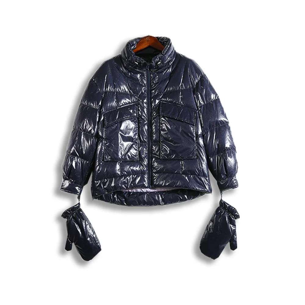 

Новинка 2023, зимняя одежда, однотонный модный трендовый Повседневный Яркий пуховик с воротником-стойкой и перчатками