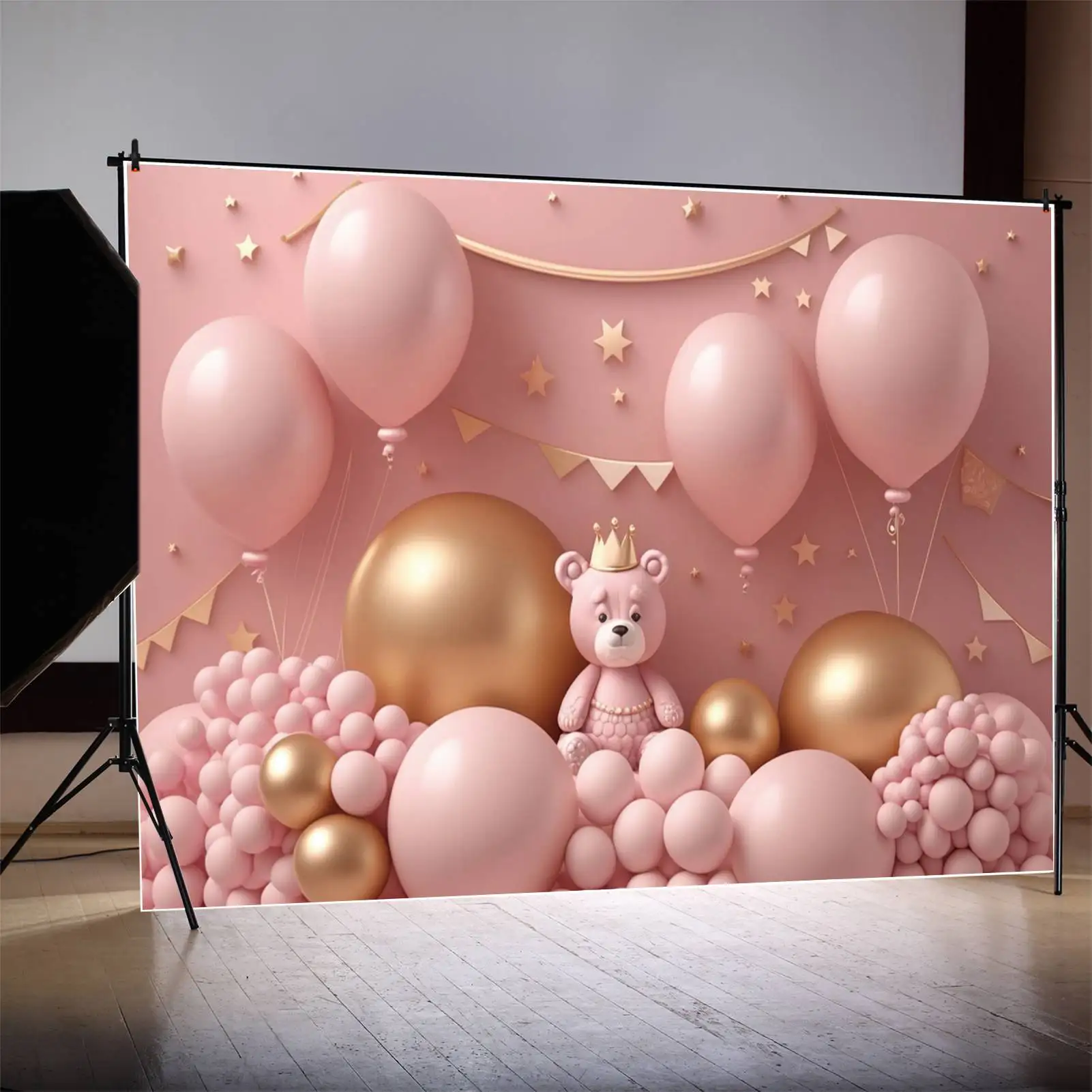 

MOON.QG Backdrop Happy Birthday Banner Pink Teddy Bear Gold Crown Star Balloon Background Customized Party Photo Booth Supplies