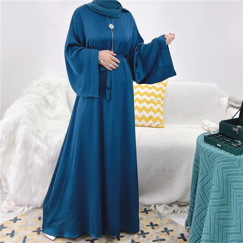 Satin Abaya Dubai With Pockets Free Belt Modest Fashion EID  Muslim Islamic Clothing Women Ramadan Long Sleeve Maxi Dress
