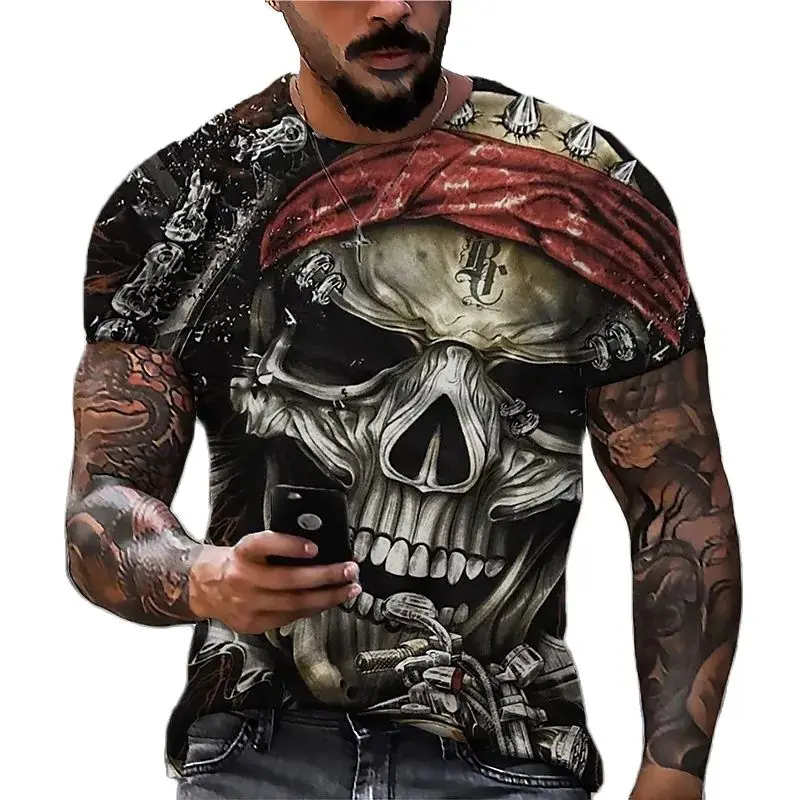 

Summer Vintage 3D Printe Skull Pattern Men's T-shirt Street Fashion Casual Sweat-absorbing Breathable Oversized T-shirt Clothing