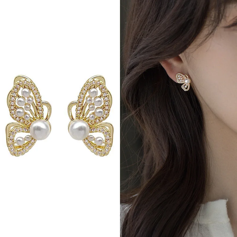 2023 Korean New Personality Fashion Butterfly Golden Earrings Women Temperament Imitation Pearl Inlaid Rhinestones Shiny Earring images - 6