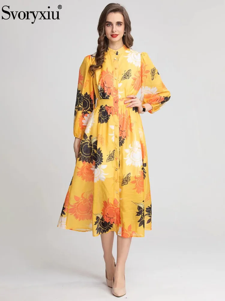 

Женское платье миди Svoryxiu, весеннее однобортное платье с рукавами-фонариками и бантом, праздничные платья с высокой талией