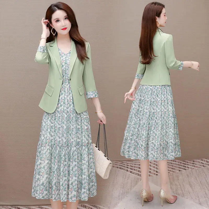 

Spring Autumn Plus Size Two Piece Sets Women Dress + Long Sleeve Suit Coat Casual Elegant Printing Dresses Suits 4XL J265