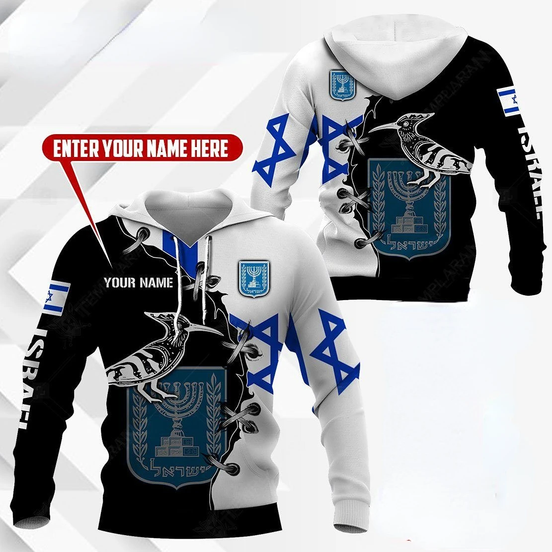 

Custom Name Israel Flag 3D Printed Hoodie Men's Casual Streetwear Hoodie Vintage Zipper Hoodie Israel Emblem Hoodie