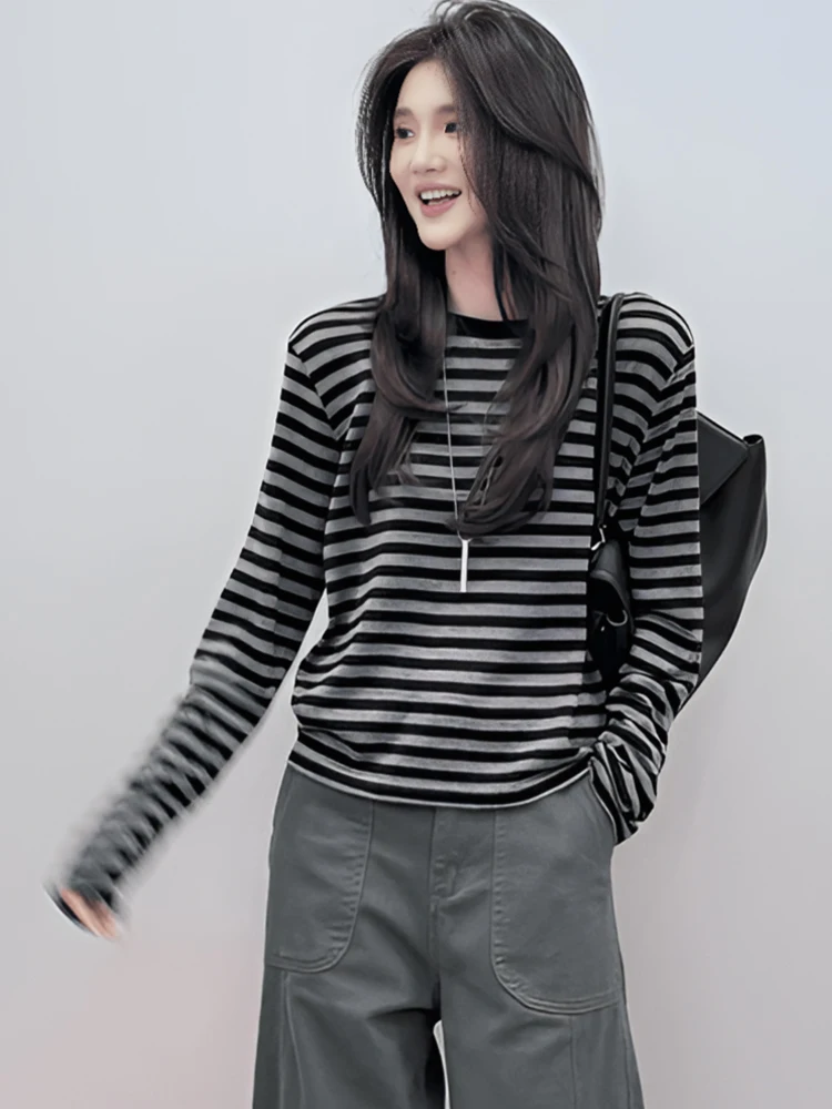 Early Autumn Contrast Color Stripe Patchwork round Neck Long sleeves Shirt Women 2024 New Popular Loose Inner wear Bottoming ...