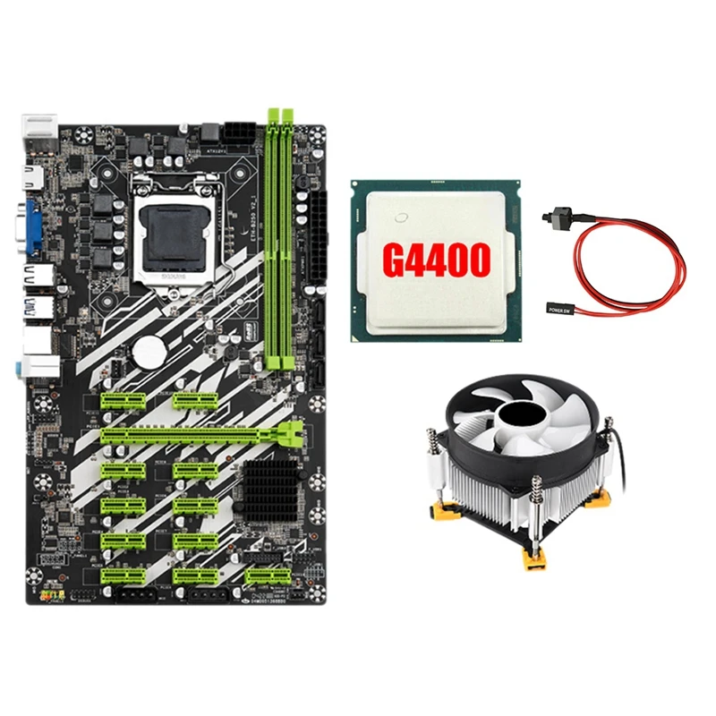 

B250 BTC Mining Motherboard with 4400CPU+Fan+Switch Cable 12 PCI-E Slots LGA1151 DDR4 RAM SATA3.0 USB3.0 Support VGA+HD