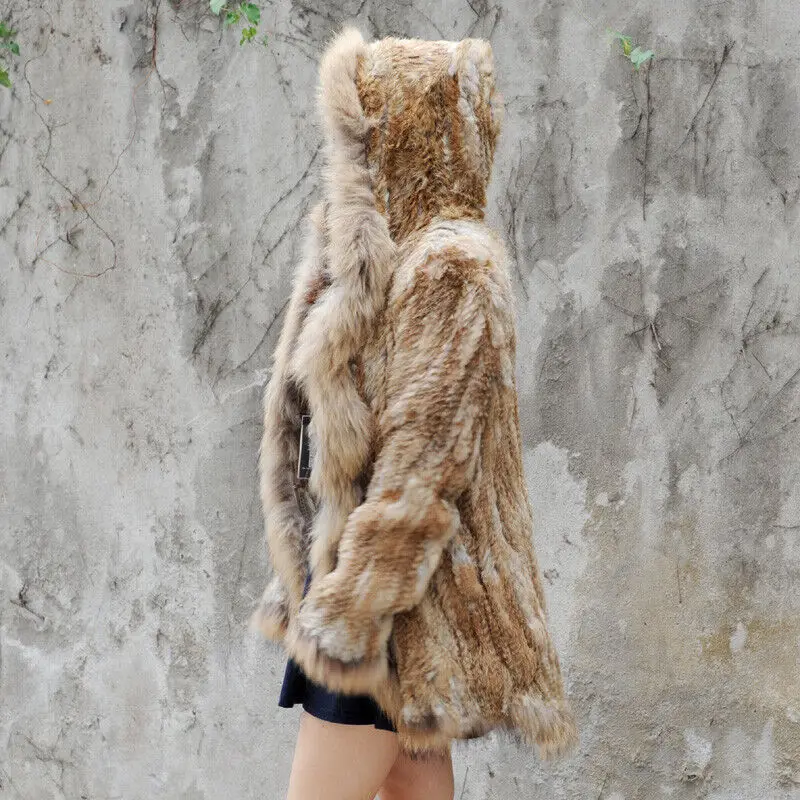 Winter Women Real Rabbit Fur Shawl jacket with raccoon fur coat tassel Women Fashion  Knitted Hooded Natural Rabbit Fur 65cm enlarge