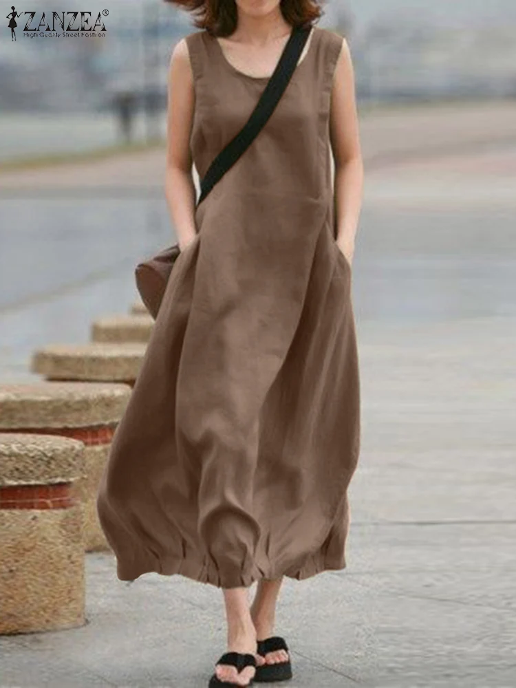 

ZANZEA Women Sundress Kaftan Solid Long Summer Dress Sleeveless Sarafans Vestidos Femlae O Neck Mid-Calf Robe Femme Oversized