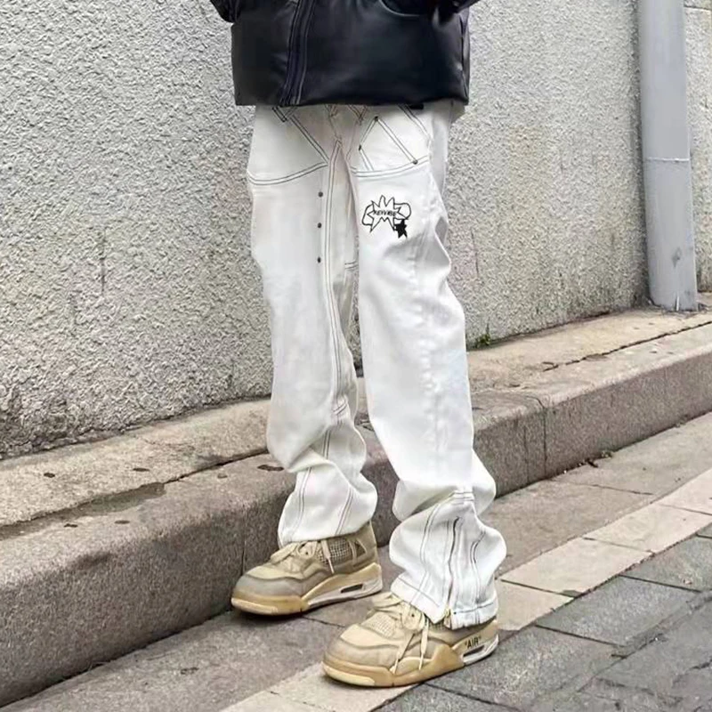 

Retro Ankle Zipper Button Pockets Embroidery Vibe Style Mens Jeans Pants Oversized Hip Hop Straight Baggy Couple Denim Trousers