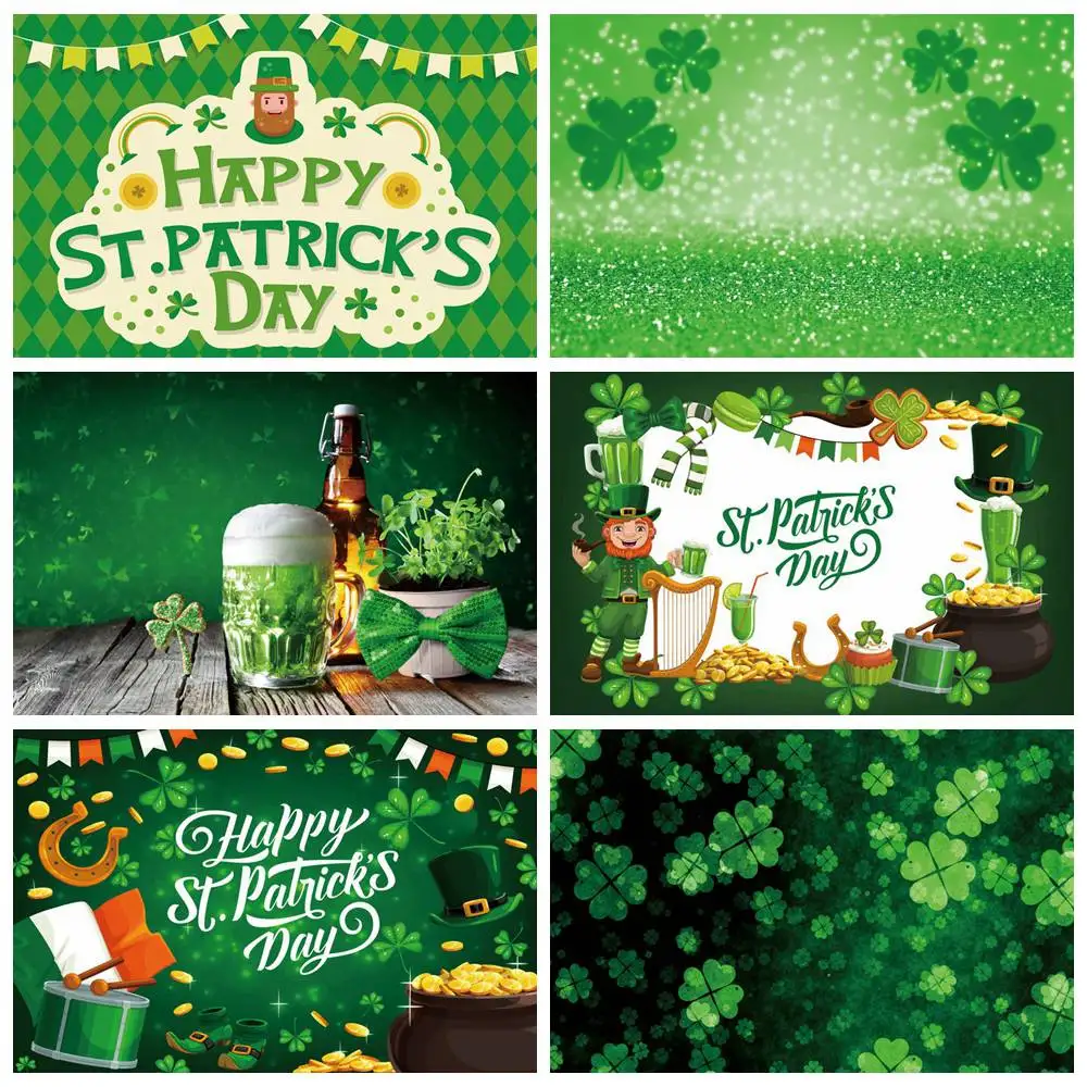 

Saint St. Patrick's Day Decoration Photography Backdrops Banner Poster Custom Green Grass Glitter Clover Board Photo Backgrounds