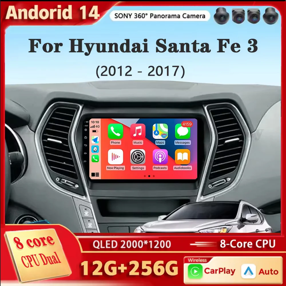 Фото Автомобильное радио Android 14 Carplay для Hyundai Santa Fe 3 Grand IX45 2012-2017 навигация GPS мультимедийный плеер WiFi + 4G стерео видео №1