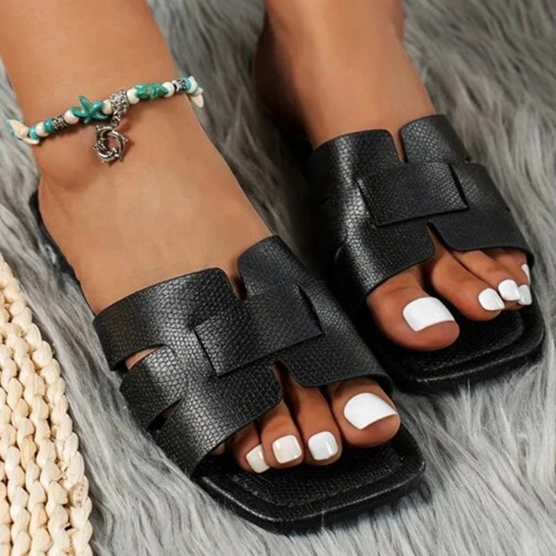 Snakeskin Embossed Slide Sandals 2023 Summer New Women Slippers Flat Bottom Non-slip Outdoor Beach Female Sandals Slides