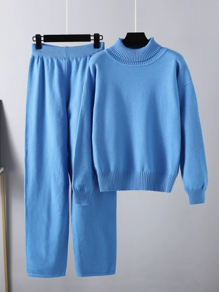 

Женские комплекты из 2 предметов, элегантный свободный зимний комплект из двух предметов, женский топ и брюки, повседневный однотонный вязаный свитер, женский теплый костюм