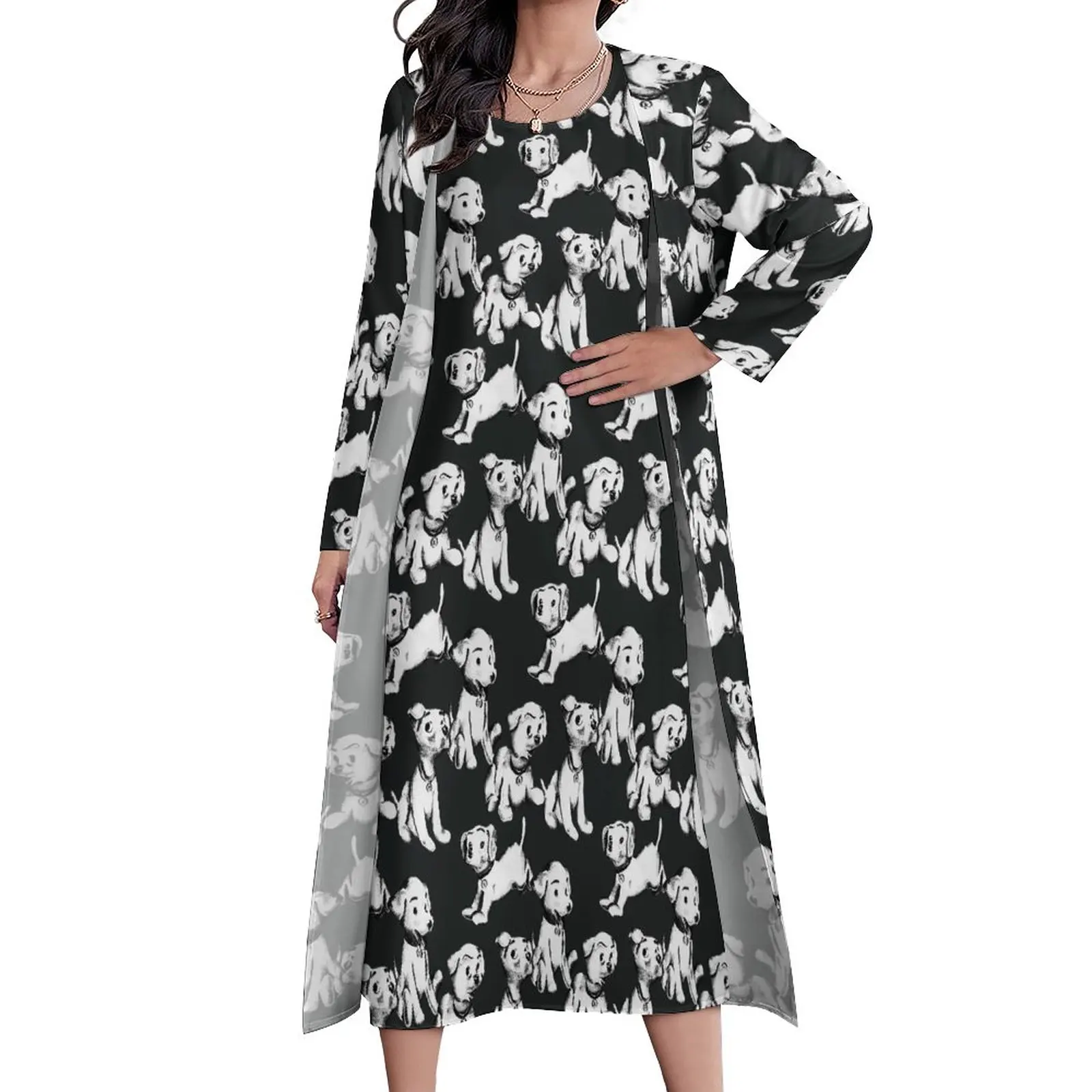 

Платье-макси с надписью Happy Dog, Элегантное повседневное длинное платье с забавными белыми собаками, весеннее платье из двух частей, большие р...