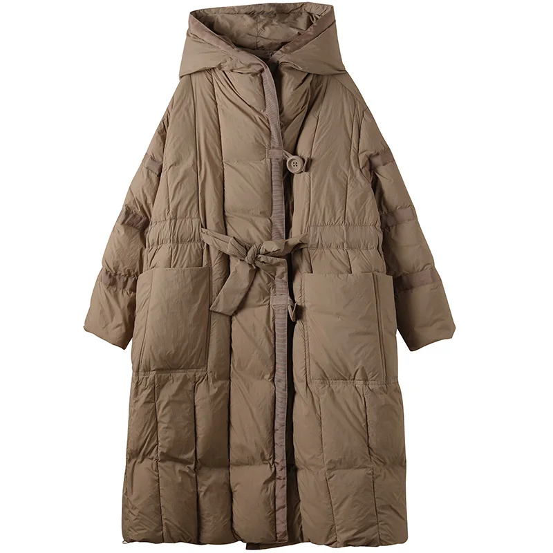 Winter New Down Jacket Solid Colour Two Buckle Lacing Jacket Long White Duck Down Loose Hooded Warm Thickened Cotton Jacket