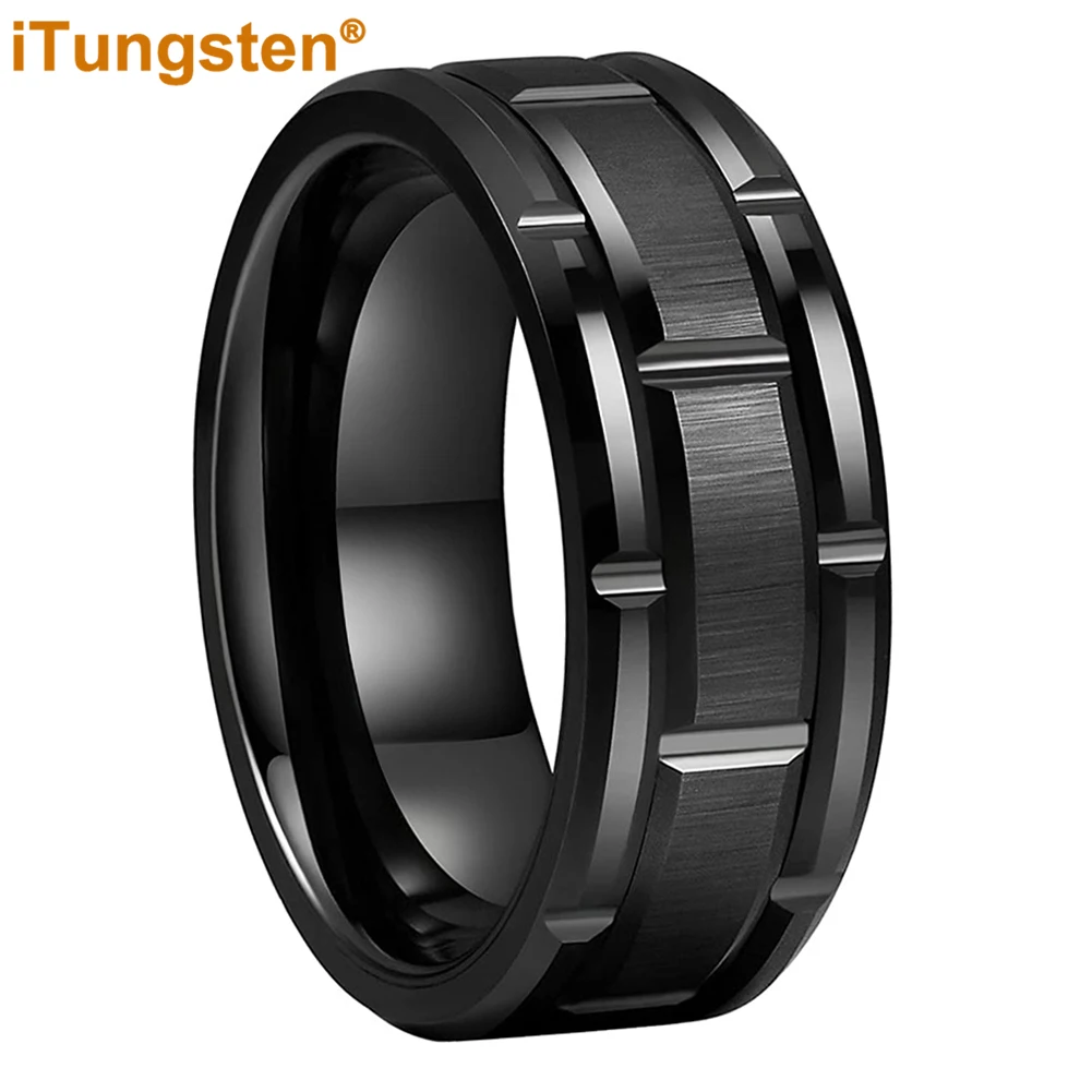 

iTungsten 8mm Mens Tungsten Wedding Ring Brick Pattern Black Plated Brushed Finish Engagement Band Comfort Fit