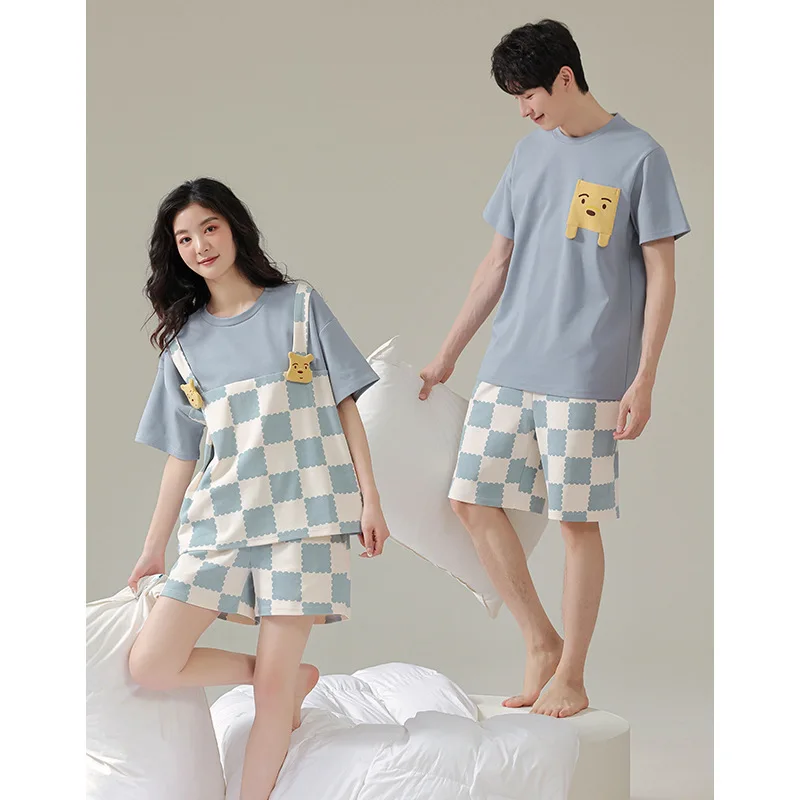 Pajamas for Couples Matching Summer Pure Cotton Short-sleeved Shorts Cute Bear Home Service Suit Breathable and Soft Loungewear