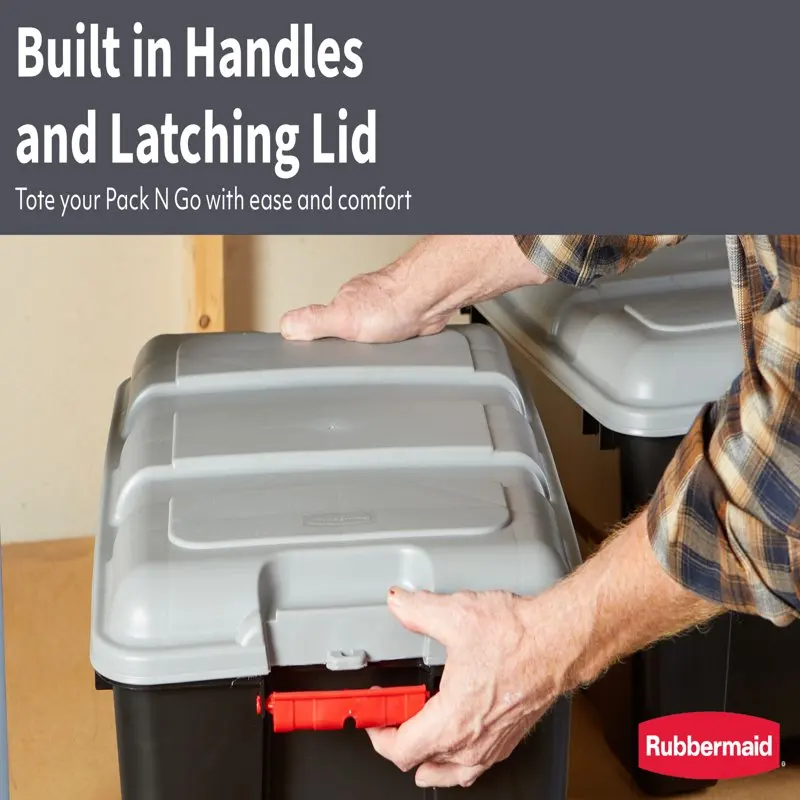 

14 Gallon Storage Tote, Pack N Go, Plastic, -In Handles, Lockable Lid, Black and Green, 3 Pack