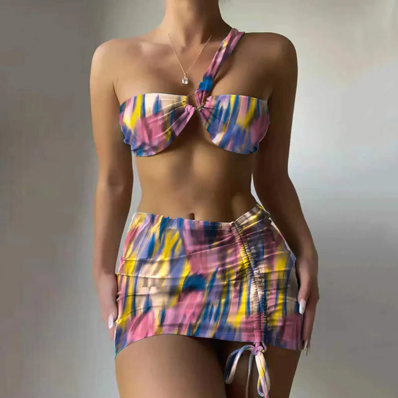 

New Fashion Vacation Beachwear Sets One Shoulder Hollow Out Bikini+Drawstring Hip Wrap Skirts Suit Sexy Tie Dye 3pc Swimwear Set