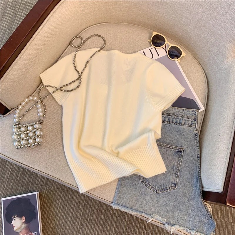 Женский трикотажный пуловер с цветными стразами модная футболка в Корейском