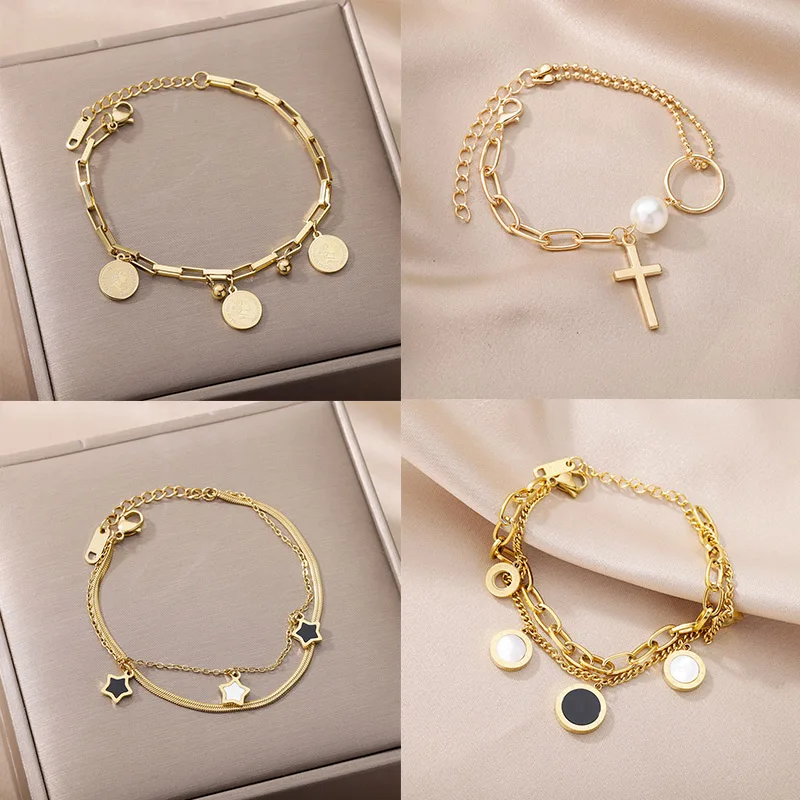 

Stainless Steel Pendant Bracelet For Women Retro Punk Gothic Layered Chain Portrait Coin Cross Bracelet Jewelry Gift