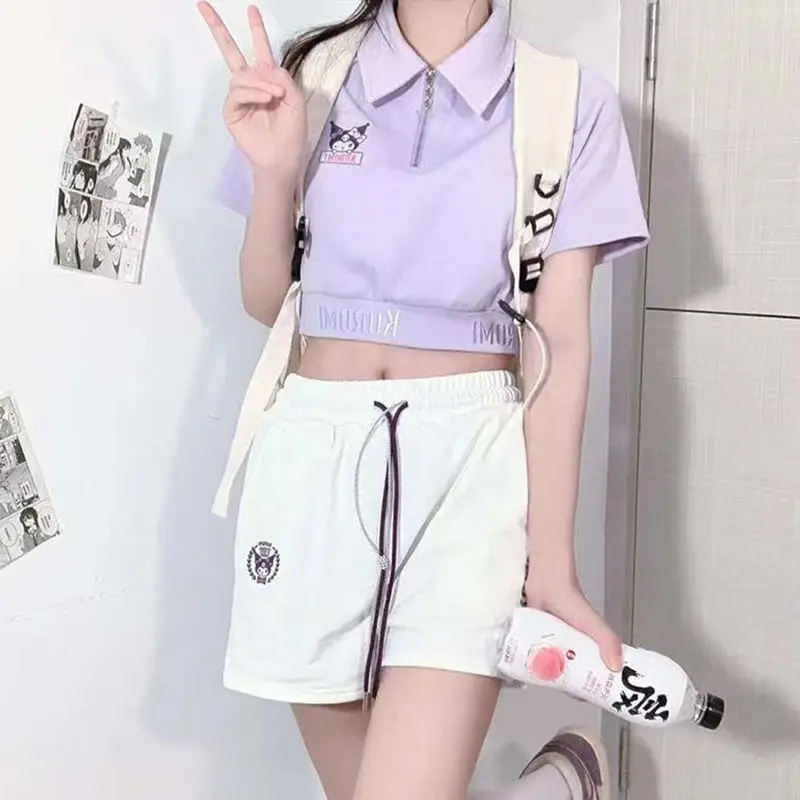 Kawaii Summer College Style Suit Female Loose Cute Kulomi Embroidery Short Polo Shirt Sports Shorts Sweet Tee Shirts