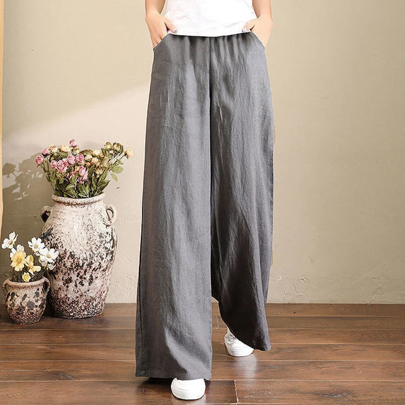 2023 New Summer Cotton Linen Pants For Women Vintage Loose Basic High Waist Wide Leg Trousers White Pink Casual Long Pants 5XL