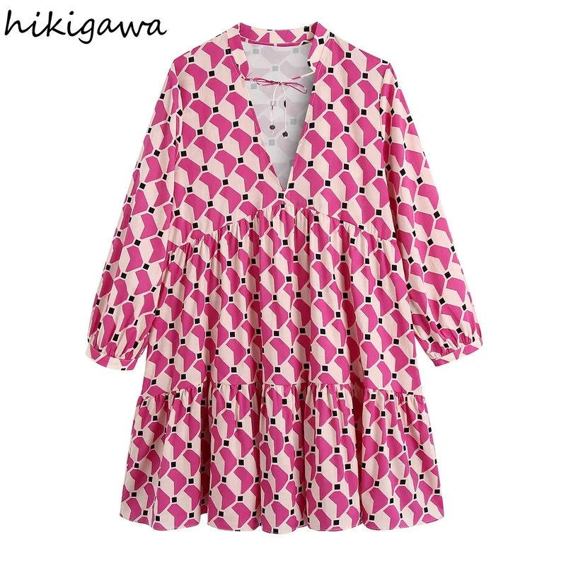 

Hikigawa Women Fashion V Neck With Tied Ruffled Geometric Print Mini Dress Vintage Long Sleeve Dresses Vestidos Mujer