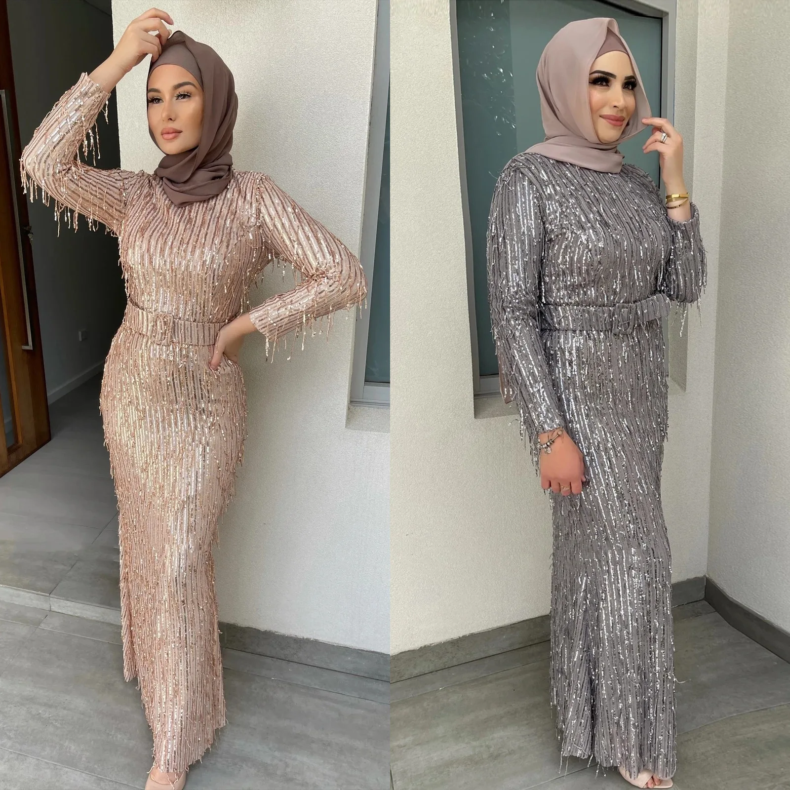 

Ramadan Sexy Sequins Tassel Slim Dress Crew Neck Fashion Sashes Elegant Muslim Woman Oman Arab Dresses Feminine Clothes