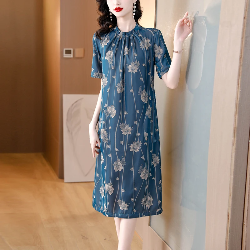 2023 Summer New Retro Silk Short Sleeve Dress Women Jacquard Printing Slim Silk Long Dress