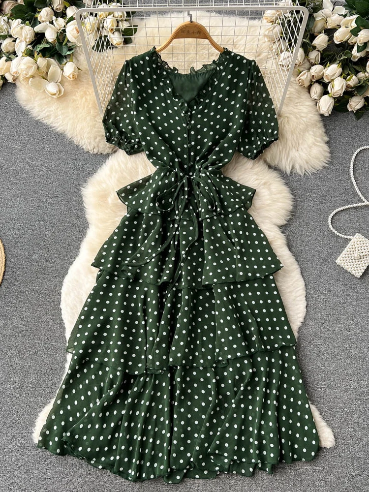 

Summer Women Polka Dot Cascading Ruffle Midi Dress Vintage V-Neck Short Puff Sleeve Single Breasted Vestidos Female Elegant Robe