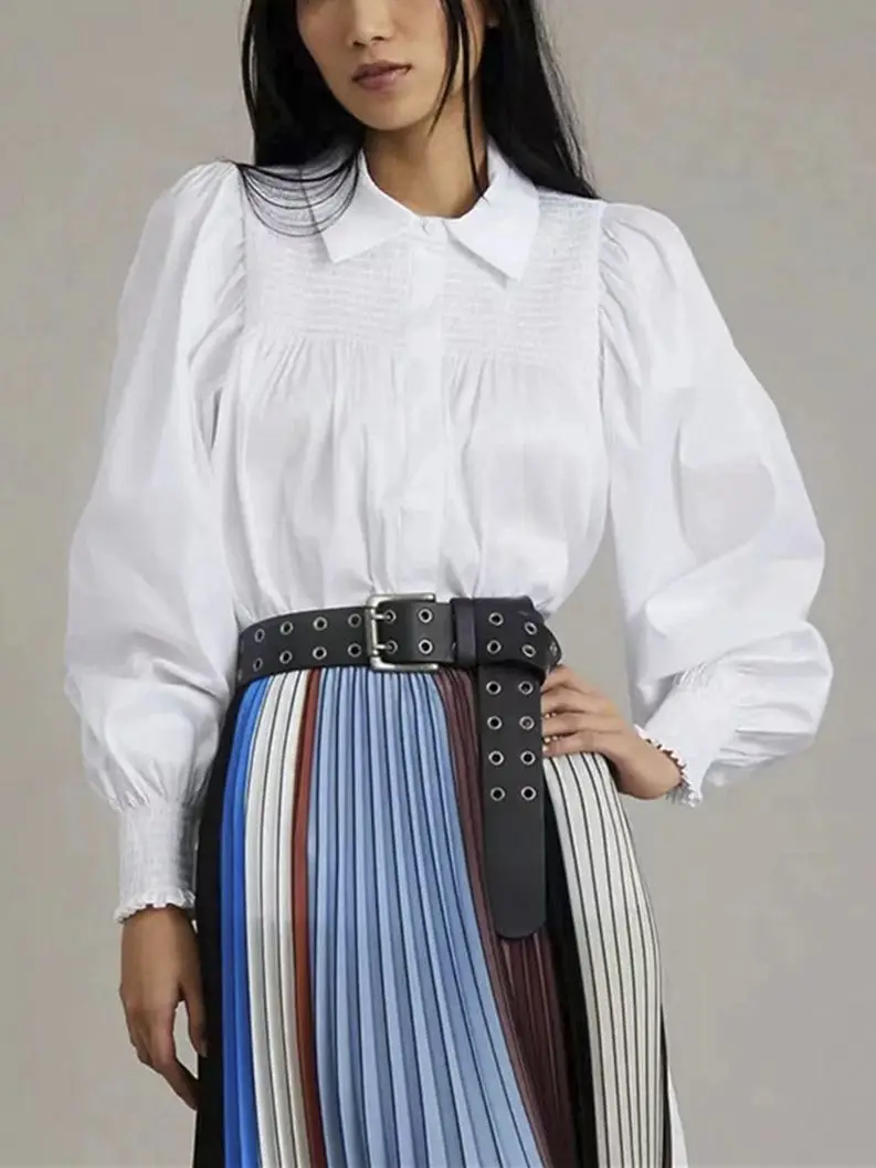 Women Blouse Pleated Long Lantern Sleeve Turn Down Collar Vintage Cotton Shirt