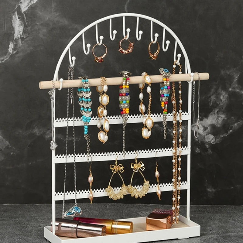 

White Earring Holder Jewelry Organizer Stud Display Stand For Show Tiered Jewelry Display Rack with Wooden Tray & Hook