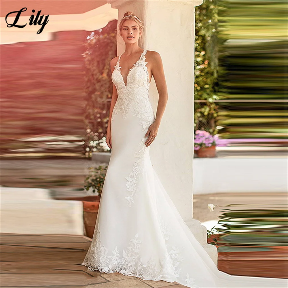 Купи Luxury V-Neck Sleeveless Boho Mermaid Wedding Dress For Women 2022 Lace Appliques Open Back Floor Length Bridal Gown Custom Made за 5,830 рублей в магазине AliExpress